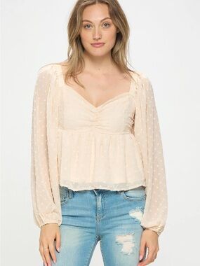 Japna Cream Swiss Dot Peplum Blouse